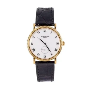 Patek Philippe 3919J-001 Calatrava 33mm 18k Yellow Gold White Dial Black Leather Strap Watch